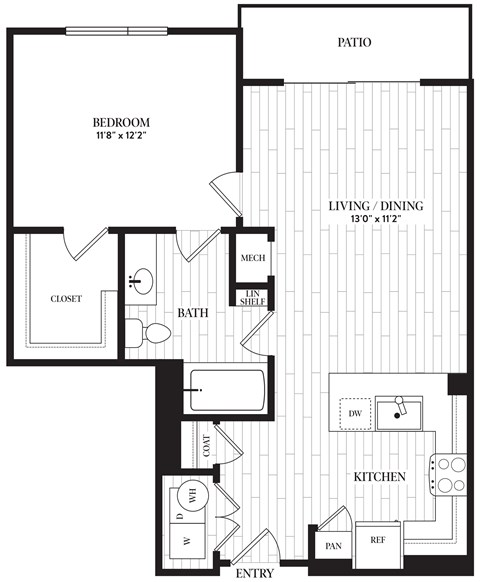 Floor plan for 1 bed, 1 bath, 746 sqft