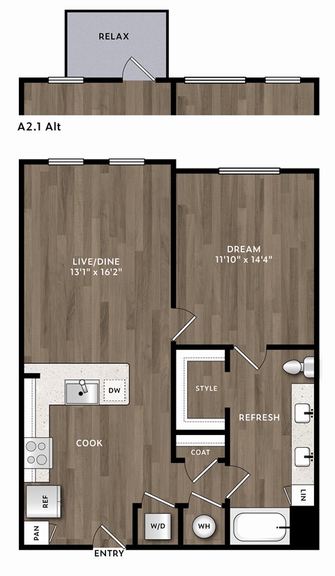 Floor plan for 1 bed, 1 bath, 788 sqft