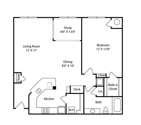 Floor plan for 1 bed, 1 bath, 975 sqft