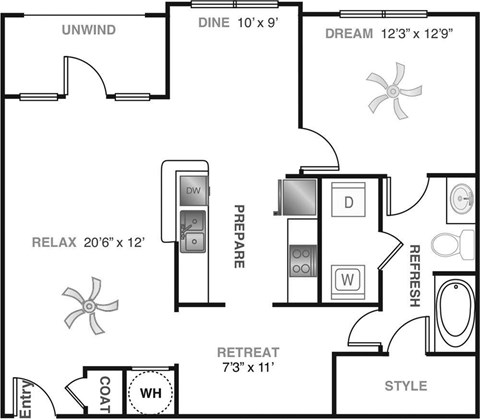 Floor plan for 1 bed, 1 bath, 984 sqft