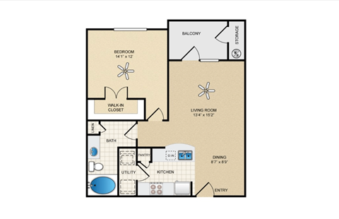 Floor plan for 1 bed, 1 bath, 770 sqft