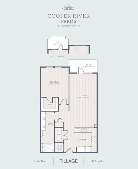 Floor plan for 1 bed, 1 bath, 827 sqft