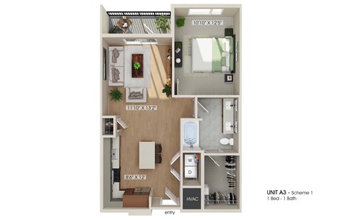 Floor plan for 1 bed, 1 bath, 774 sqft