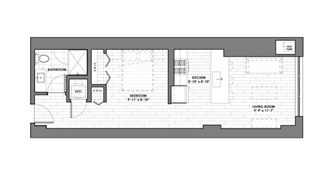 Floor plan for 1 bed, 1 bath, 590 sqft