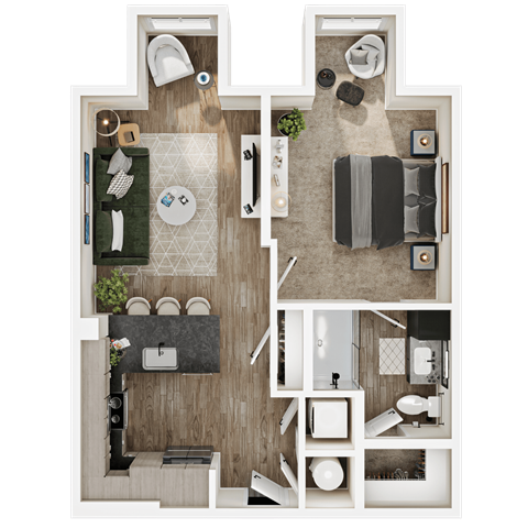 Floor plan for 1 bed, 1 bath, 705 sqft