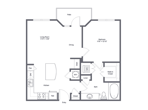 Floor plan for 1 bed, 1 bath, 736 sqft