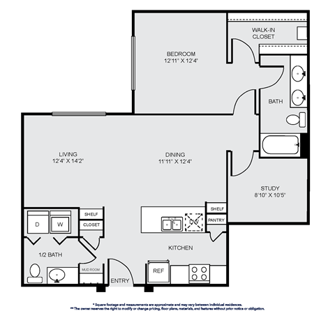 Floor plan for 1 bed, 1.5 baths, 1056 sqft