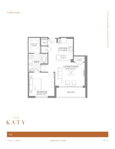 Floor plan for 1 bed, 1 bath, 790 sqft