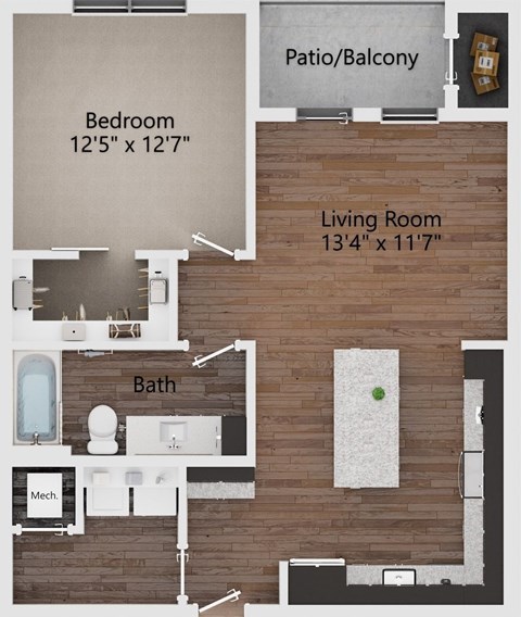 Floor plan for 1 bed, 1 bath, 798 sqft