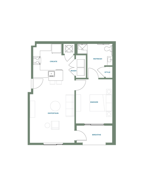 Floor plan for 1 bed, 1 bath, 721 sqft