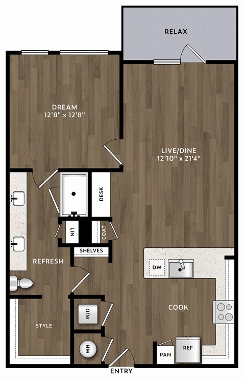 Floor plan for 1 bed, 1 bath, 910 sqft