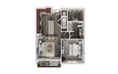 Floor plan for 1 bed, 1 bath, 770 sqft