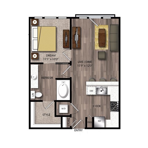 Floor plan for 1 bed, 1 bath, 661 sqft