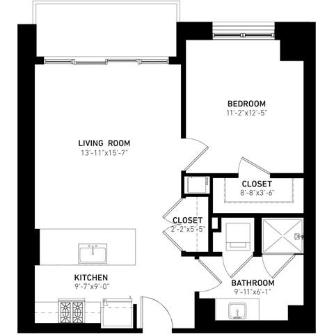 Floor plan for 1 bed, 1 bath, 719 sqft