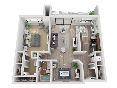 Floor plan for 1 bed, 1 bath, 938 sqft