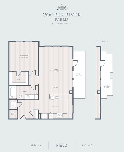 Floor plan for 1 bed, 1 bath, 847 sqft