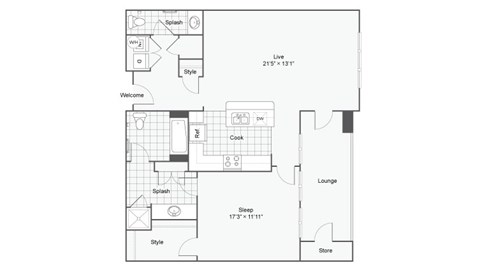 Floor plan for 1 bed, 1 bath, 1051 sqft