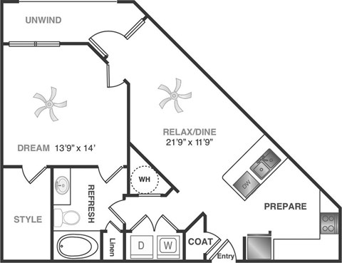 Floor plan for 1 bed, 1 bath, 815 sqft