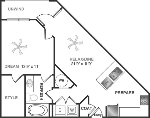 Floor plan for 1 bed, 1 bath, 768 sqft