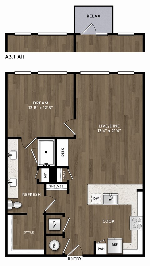 Floor plan for 1 bed, 1 bath, 897 sqft