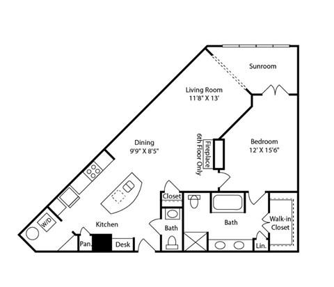 Floor plan for 1 bed, 1.5 baths, 1014 sqft