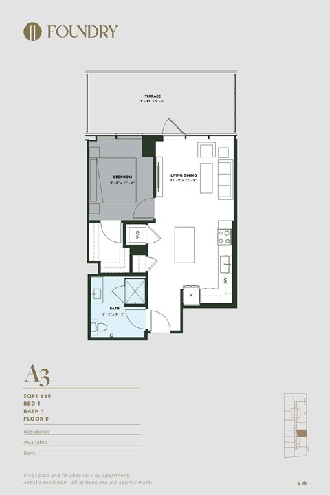 Floor plan for 1 bed, 1 bath, 665 sqft