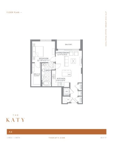 Floor plan for 1 bed, 1 bath, 814 sqft
