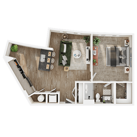 Floor plan for 1 bed, 1 bath, 687 sqft