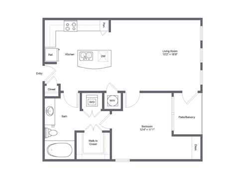 Floor plan for 1 bed, 1 bath, 741 sqft