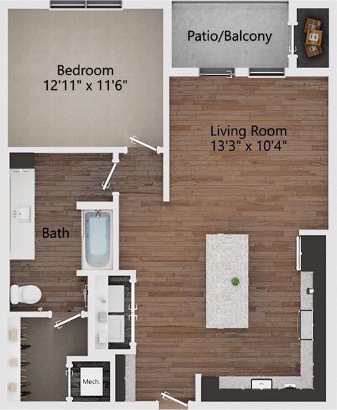 Floor plan for 1 bed, 1 bath, 854 sqft