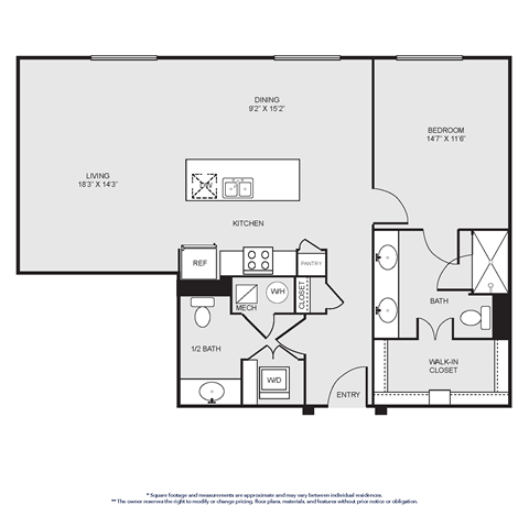 Floor plan for 1 bed, 1 bath, 1074 sqft
