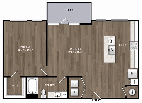 Floor plan for 1 bed, 1 bath, 932 sqft