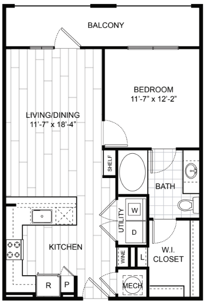 Floor plan for 1 bed, 1 bath, 729 sqft