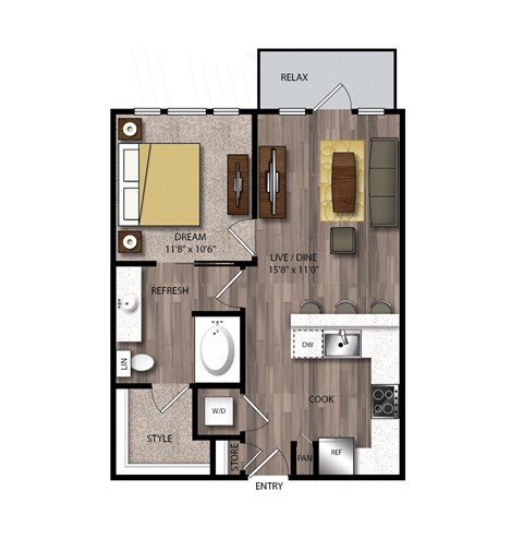 Floor plan for 1 bed, 1 bath, 655 sqft