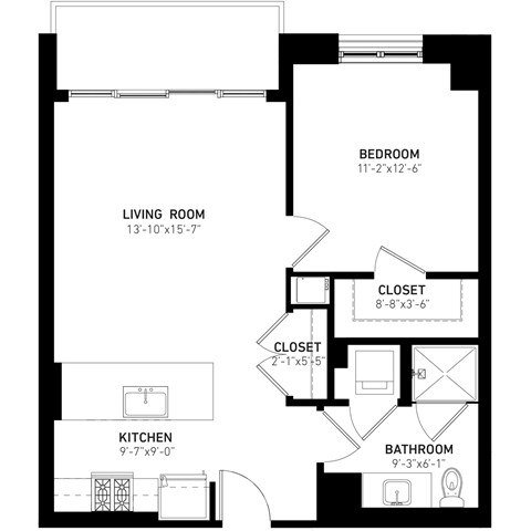 Floor plan for 1 bed, 1 bath, 718 sqft