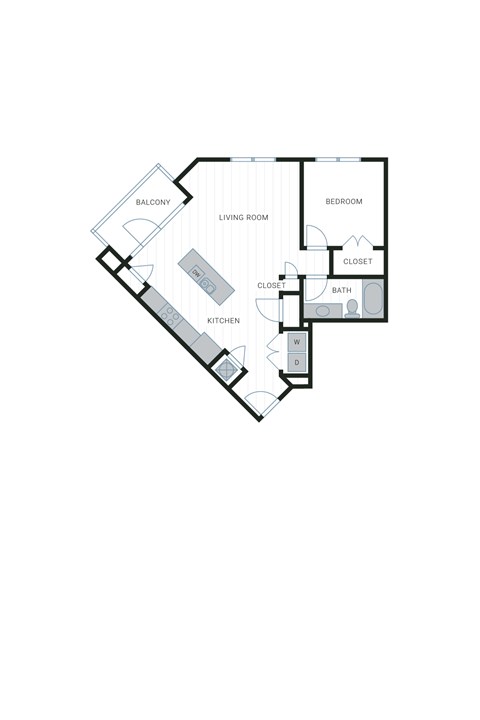 Floor plan for 1 bed, 1 bath, 845 sqft