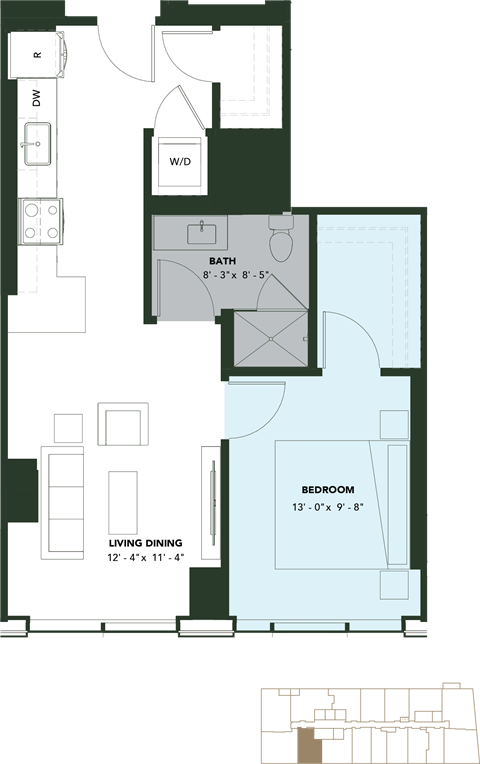 Floor plan for 1 bed, 1 bath, 685 sqft