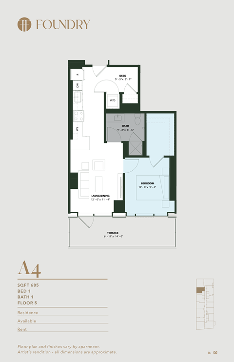 Floor plan for 1 bed, 1 bath, 685 sqft