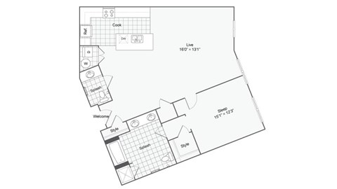 Floor plan for 1 bed, 1.5 baths, 1056 sqft