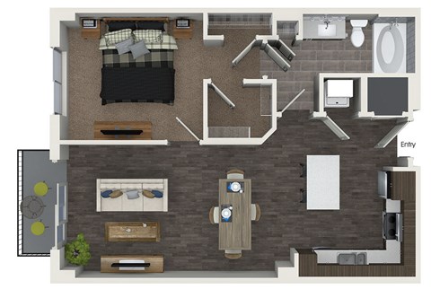 Floor plan for 1 bed, 1 bath, 785 sqft