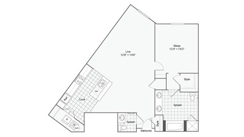 Floor plan for 1 bed, 1.5 baths, 1051 sqft
