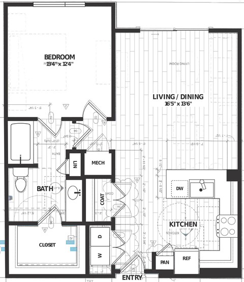 Floor plan for 1 bed, 1 bath, 841 sqft
