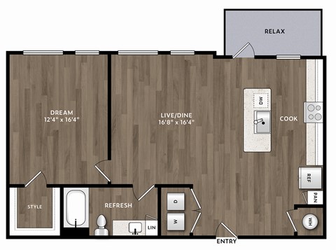 Floor plan for 1 bed, 1 bath, 930 sqft