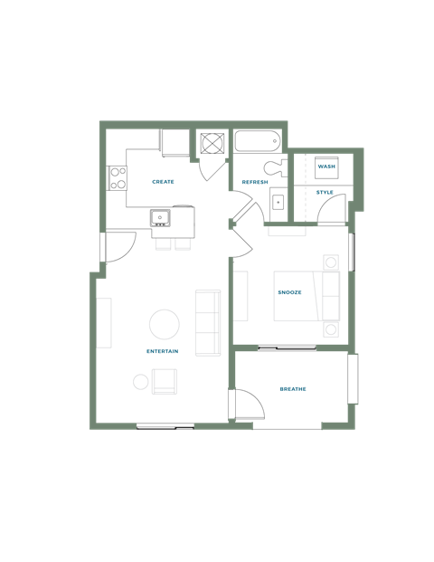Floor plan for 1 bed, 1 bath, 722 sqft