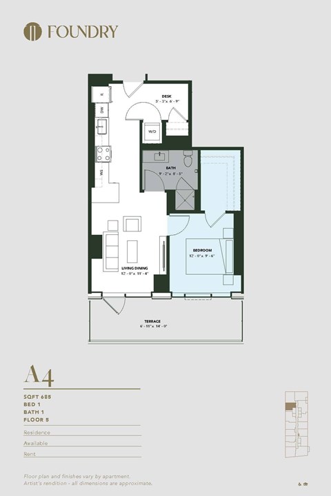 Floor plan for 1 bed, 1 bath, 685 sqft