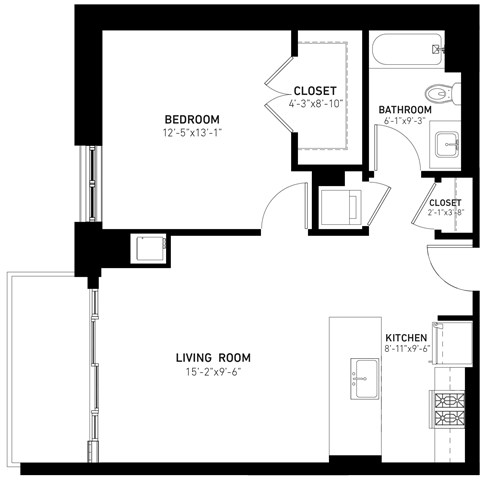 Floor plan for 1 bed, 1 bath, 737 sqft