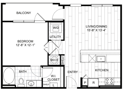 Floor plan for 1 bed, 1 bath, 721 sqft