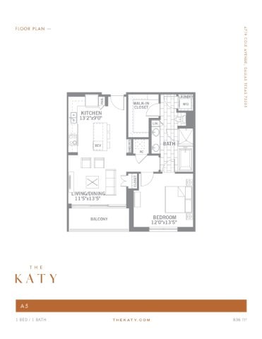 Floor plan for 1 bed, 1 bath, 836 sqft