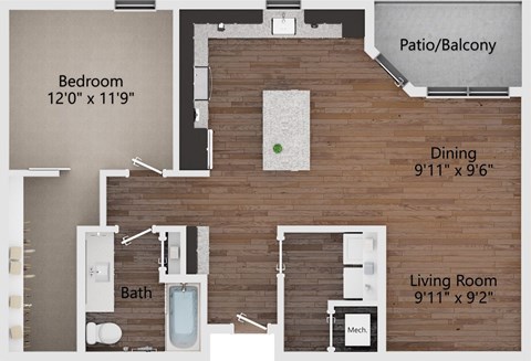 Floor plan for 1 bed, 1 bath, 912 sqft