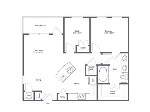 Floor plan for 1 bed, 1 bath, 847 sqft